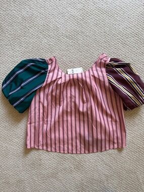 Maeve Pink Striped Puff-Sleeve Blouse with Green and Burgundy Sleeves